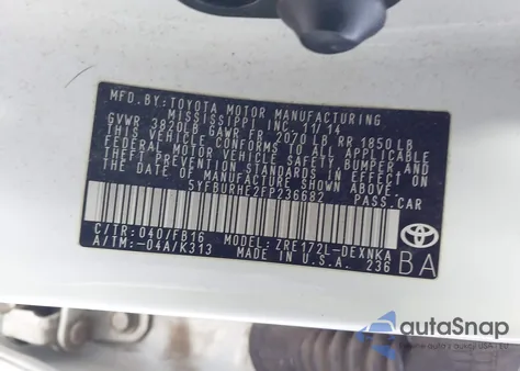 2015 Toyota Corolla Le z USA, uszkodzony, nr VIN 5YFBURHE2FP236682